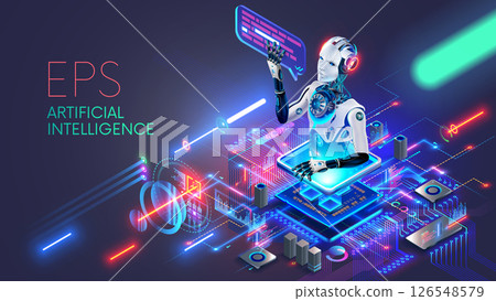 CPU with artificial intelligence. Chatbot looks out of AI chip on motherboard, answers questions. A robot or cyborg with bubble over an AI processor. An electronic chip with artificial intelligence. 126548579