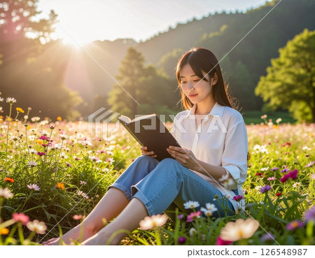 A woman reading a book in a cosmos field - stock photo 126548987
