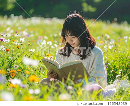 A woman reading a book in a cosmos field - stock photo 126548989