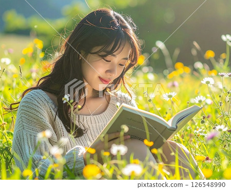 A woman reading a book in a flowered meadow - stock photo 126548990
