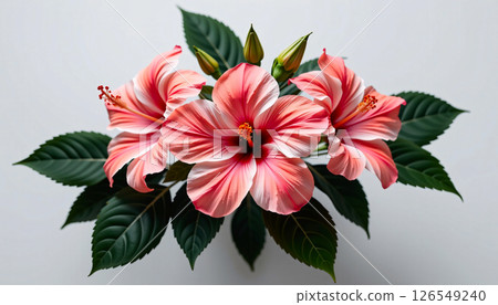 elegant cluster of hibiscus in a minimalist style, with coral and blush pink tones, smooth curves 126549240