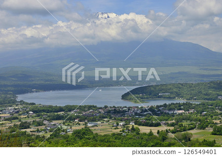 從丹澤山脈甲州邊界山脊上的高足山頂俯瞰富士山和山中湖 126549401