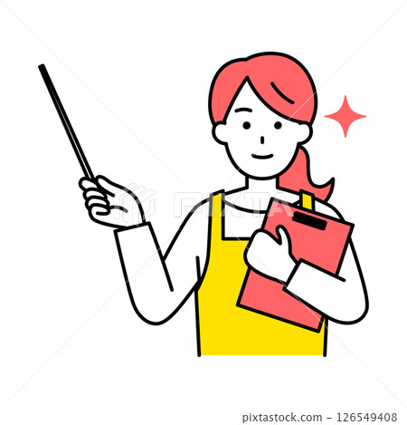 一位繫著圍裙的女士拿著剪貼板和教鞭進行解釋 一位繫著圍裙的女士拿著剪貼板和教鞭進行解釋 126549408