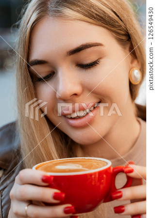 Woman Coffee Red Cup Enjoying Cafe Latte Outdoor 126549430