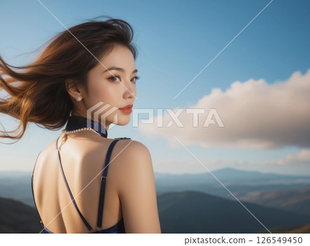 Beautiful portrait of a Japanese woman looking back over her shoulder 126549450