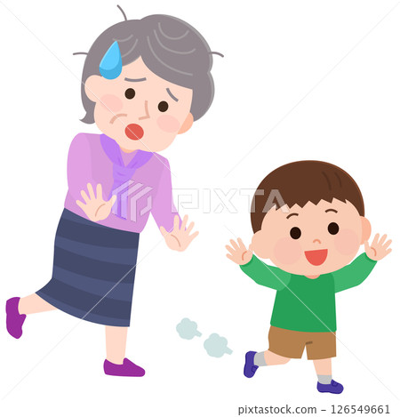 Elderly woman getting tired after playing with her grandchildren, Grandchildren tired, illustration 126549661