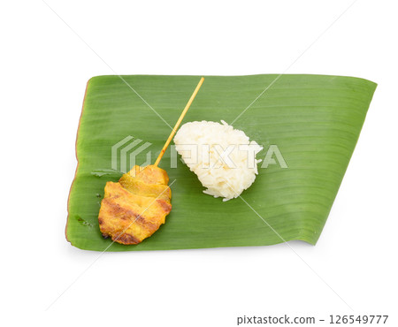 Grilled pork with sticky rice isolated on white background, Thai food 126549777