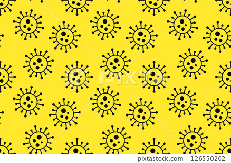 Bright black and yellow seamless virus pattern. Pandemic health danger background with abstract medical bacteria symbols. Vector illustration for fabric, design, print, wallpaper, cover, covid concept Bright black and yellow seamless virus pattern. Pandemic health danger background with abstract medical bacteria symbols. Vector illustration for fabric, design, print, wallpaper, cover, covid concept 126550202