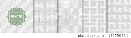 Collection of vector seamless geometric ornament patterns. Striped grey abstract backgrounds. Minimal textures with symmetry lines. Endless monochrome unusual prints 126550214