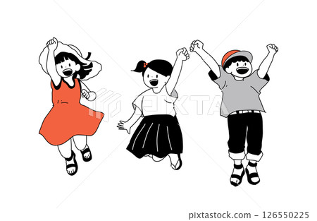 Illustration of jumping children (summer clothes, smiling, group of three) 126550225