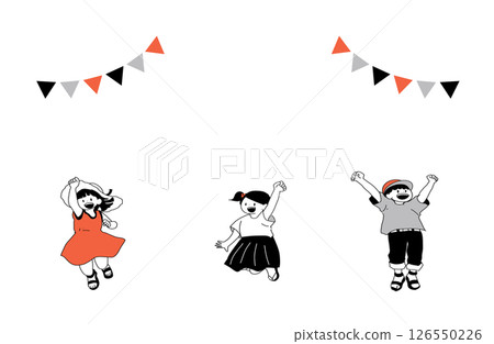跳躍的孩子的框架式插圖（旗幟裝飾，夏裝） 126550226