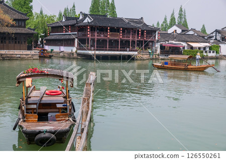 Tourist boat at dock by Fangsheng Bridge in Zhujiajiao town, Shanghai 126550261