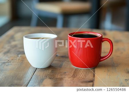 Two ceramic mugs, one red and one white, sit side by side on a wooden table, with a softly blurred background featuring brick walls and greenery. 126550486