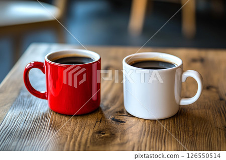 Two ceramic mugs, one red and one white, sit side by side on a wooden table, with a softly blurred background featuring brick walls and greenery. 126550514