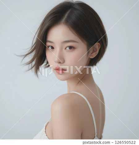 The beauty of a short-haired woman looking back over her shoulder 126550522