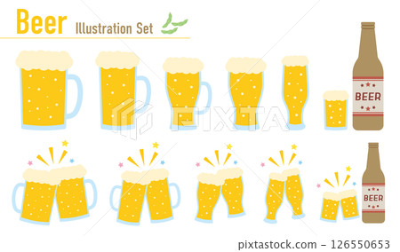 啤酒插圖集（杯子、玻璃杯、瓶子和祝酒的平面設計） 126550653