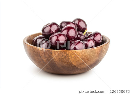 A wooden bowl filled with fresh, dark red cherries, each covered in water droplets, creating a visually appealing and appetizing image. A wooden bowl filled with fresh, dark red cherries, each covered in water droplets, creating a visually appealing and appetizing image. 126550673