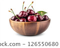 A wooden bowl filled with fresh, dark red cherries, each covered in water droplets, creating a visually appealing and appetizing image. 126550680