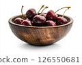 A wooden bowl filled with fresh, dark red cherries, each covered in water droplets, creating a visually appealing and appetizing image. 126550681