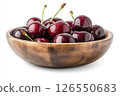A wooden bowl filled with fresh, dark red cherries, each covered in water droplets, creating a visually appealing and appetizing image. 126550683
