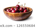 A wooden bowl filled with fresh, dark red cherries, each covered in water droplets, creating a visually appealing and appetizing image. 126550684