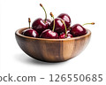 A wooden bowl filled with fresh, dark red cherries, each covered in water droplets, creating a visually appealing and appetizing image. 126550685