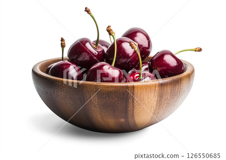 A wooden bowl filled with fresh, dark red cherries, each covered in water droplets, creating a visually appealing and appetizing image. 126550685