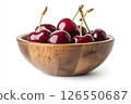 A wooden bowl filled with fresh, dark red cherries, each covered in water droplets, creating a visually appealing and appetizing image. 126550687