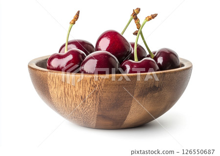 A wooden bowl filled with fresh, dark red cherries, each covered in water droplets, creating a visually appealing and appetizing image. A wooden bowl filled with fresh, dark red cherries, each covered in water droplets, creating a visually appealing and appetizing image. 126550687