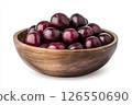 A wooden bowl filled with fresh, dark red cherries, each covered in water droplets, creating a visually appealing and appetizing image. 126550690