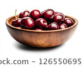 A wooden bowl filled with fresh, dark red cherries, each covered in water droplets, creating a visually appealing and appetizing image. 126550695
