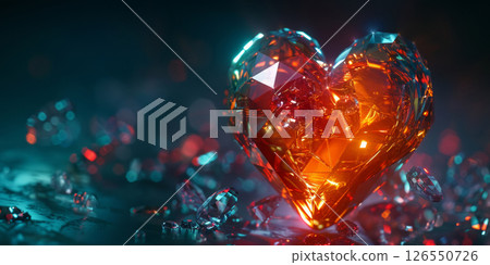 Glowing Faceted Heart Gem with Shimmering Crystal Fragments for Romantic Design Glowing Faceted Heart Gem with Shimmering Crystal Fragments for Romantic Design 126550726