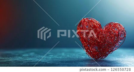 Valentine's Day Red Woven Heart Sculpture with Blue Background for Romantic Decor Valentine's Day Red Woven Heart Sculpture with Blue Background for Romantic Decor 126550728
