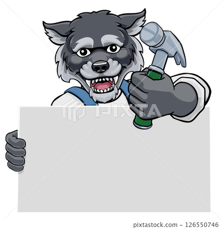 Wolf Dog Hammer Cartoon Mascot Handyman Carpenter Wolf Dog Hammer Cartoon Mascot Handyman Carpenter 126550746