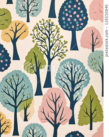 An artistic forest scene featuring diverse tree shapes in blue, pink, and green. The stylized branches and soft pastel tones create a whimsical, serene, and visually engaging composition. 126550846