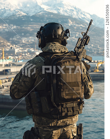 A soldier in full-body armor stands by a seaport, holding a special rifle. The soldier is equipped with tactical gear, including a helmet, backpack, and knee pads. The background features mountains an 126550936