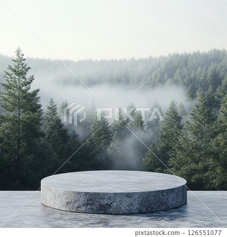 A misty forest with dense evergreen trees surrounds a large round stone platform in the foreground, creating a serene and mysterious atmosphere with soft fog rolling through the landscape. 126551077