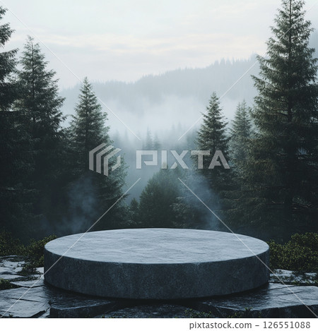 A misty forest with dense evergreen trees surrounds a large round stone platform in the foreground, creating a serene and mysterious atmosphere with soft fog rolling through the landscape. A misty forest with dense evergreen trees surrounds a large round stone platform in the foreground, creating a serene and mysterious atmosphere with soft fog rolling through the landscape. 126551088