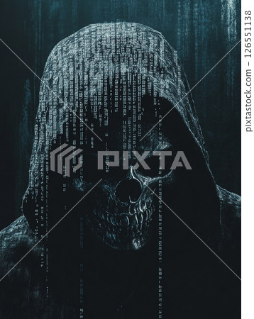 A hooded skull face figure stands in shadow against a backdrop of teal and black digital lines, creating a mysterious and cyberpunk-style atmosphere with a futuristic, eerie aesthetic. 126551138