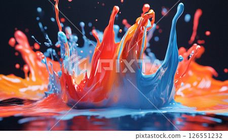 A vibrant explosion of red and yellow paint colliding in mid-air, creating a dynamic splash against a dark background. 126551232