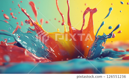 A vibrant explosion of red and yellow paint colliding in mid-air, creating a dynamic splash against a dark background. 126551236