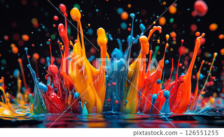 A vibrant explosion of red and yellow paint colliding in mid-air, creating a dynamic splash against a dark background. 126551255