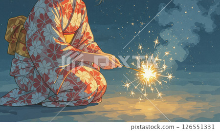 A woman in a yukata enjoying sparklers A woman in a yukata enjoying sparklers 126551331