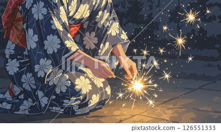 A woman in a yukata enjoying sparklers 126551333