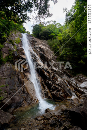 Ao-taki waterfall at the source of the Mitaki River in Yunoyama Onsen during the season of fresh greenery 126551393