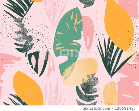 A vibrant pattern of tropical leaves and abstract shapes in teal, yellow, pink, and black adorns a light pink background. 126551453