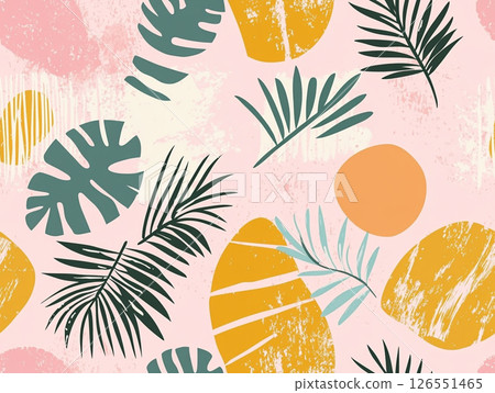 A vibrant pattern of tropical leaves and abstract shapes in teal, yellow, pink, and black adorns a light pink background. 126551465