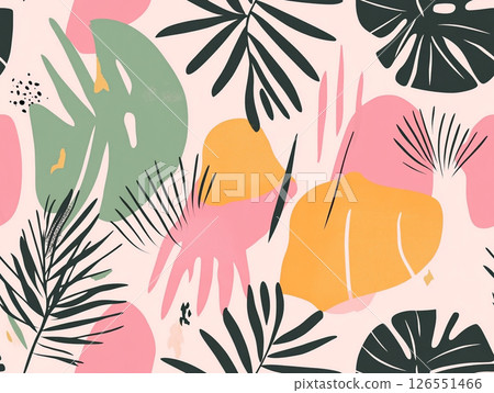 A vibrant pattern of tropical leaves and abstract shapes in teal, yellow, pink, and black adorns a light pink background. 126551466