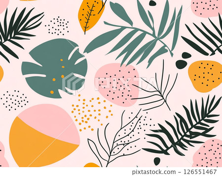 A vibrant pattern of tropical leaves and abstract shapes in teal, yellow, pink, and black adorns a light pink background. 126551467