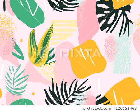A vibrant pattern of tropical leaves and abstract shapes in teal, yellow, pink, and black adorns a light pink background. 126551468
